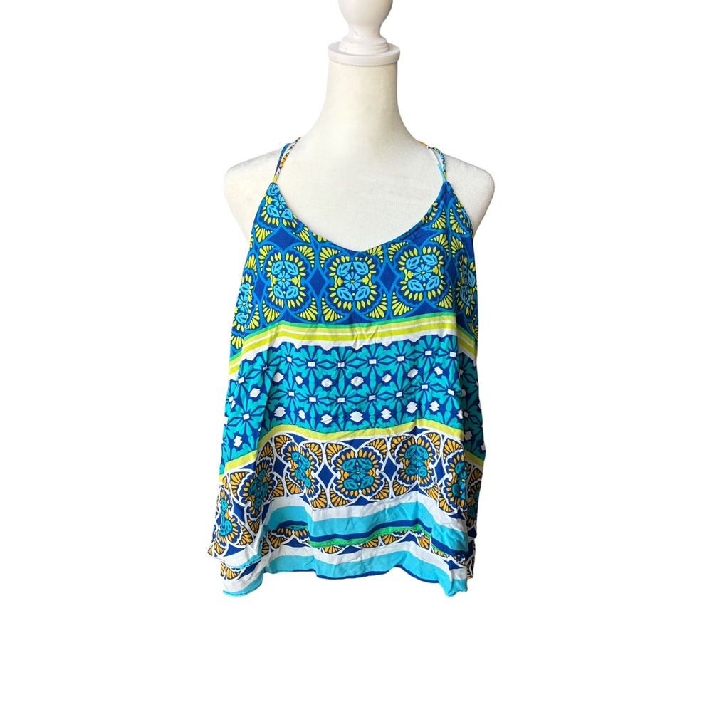 Stylus Womens Large Blue Green Geometric Medallion Crossback Cami Tank Top